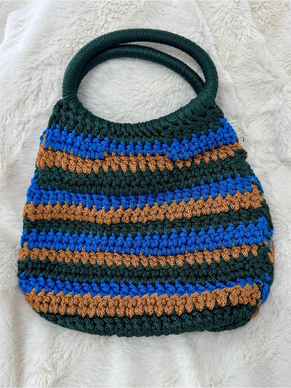 Handwoven Striped Crochet Hand Bag - Green, Blue & Brown